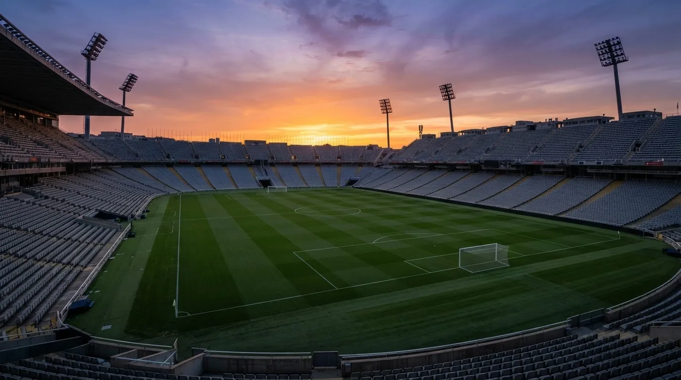 Un estadio de fútbol vacío con torres de iluminación al atardecer