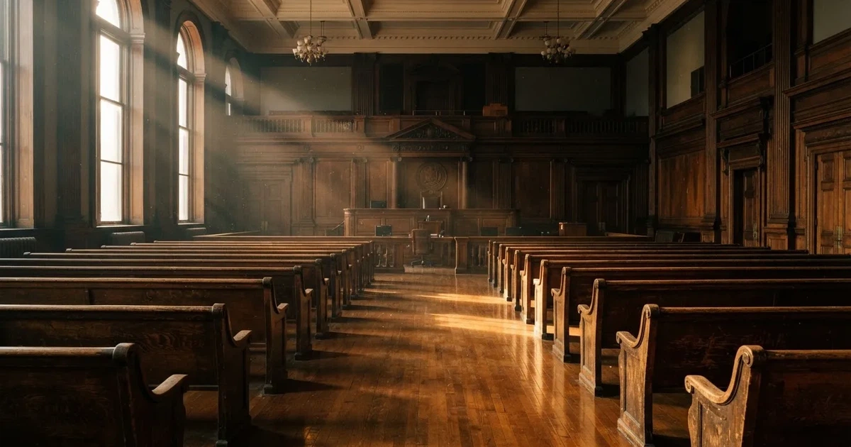 Una sala de tribunal vacía con bancos de madera a la luz de la mañana