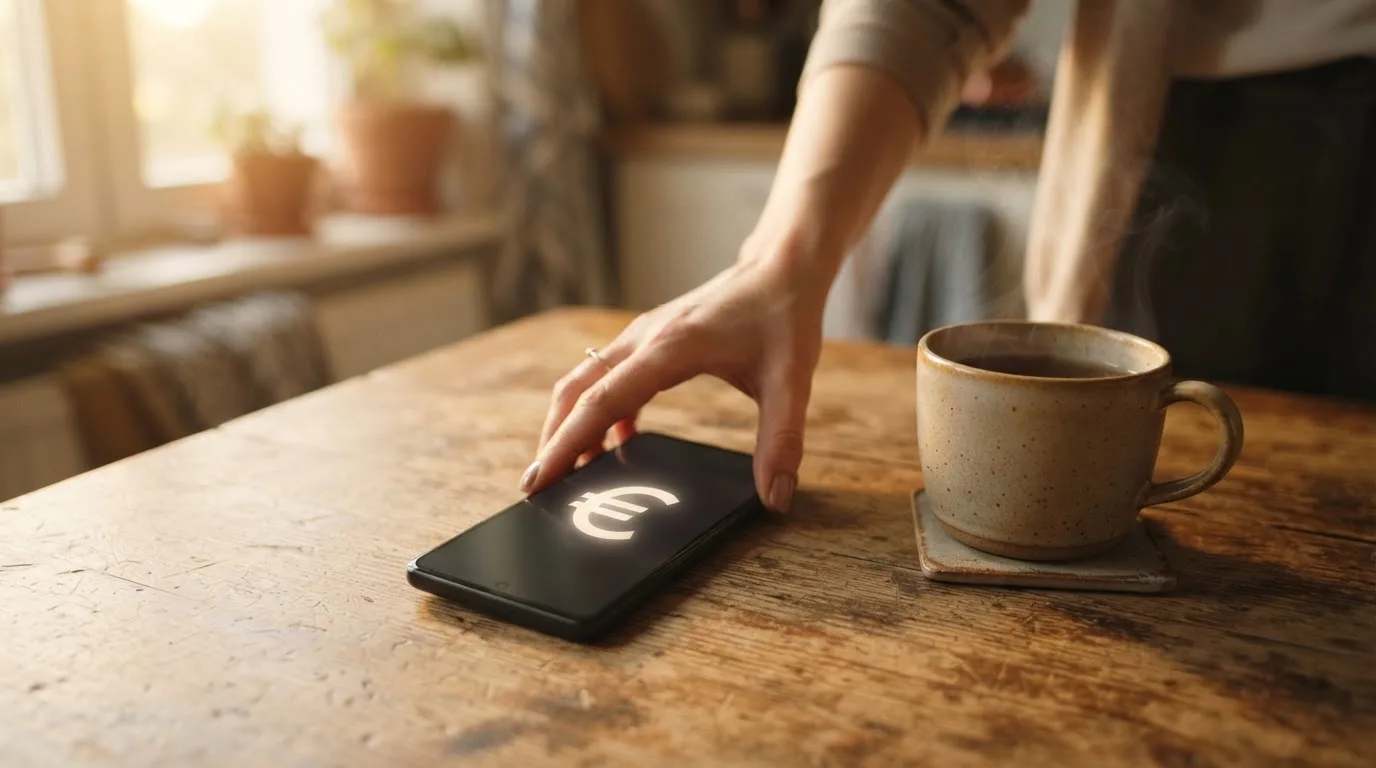 Una mano deja un móvil junto a una taza de té sobre la mesa de la cocina, una tarde tranquila