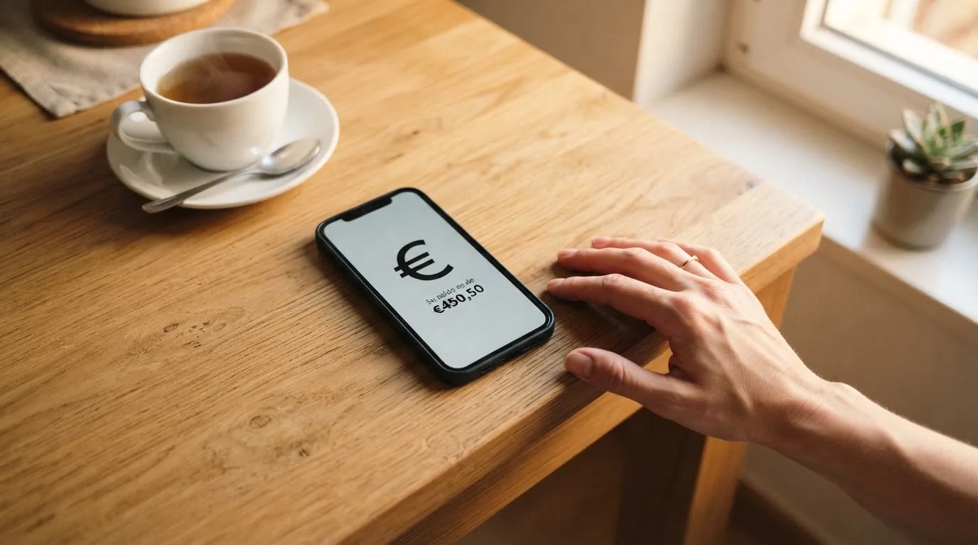 Una mano deja un móvil junto a una taza de té sobre la mesa de la cocina, una tarde tranquila