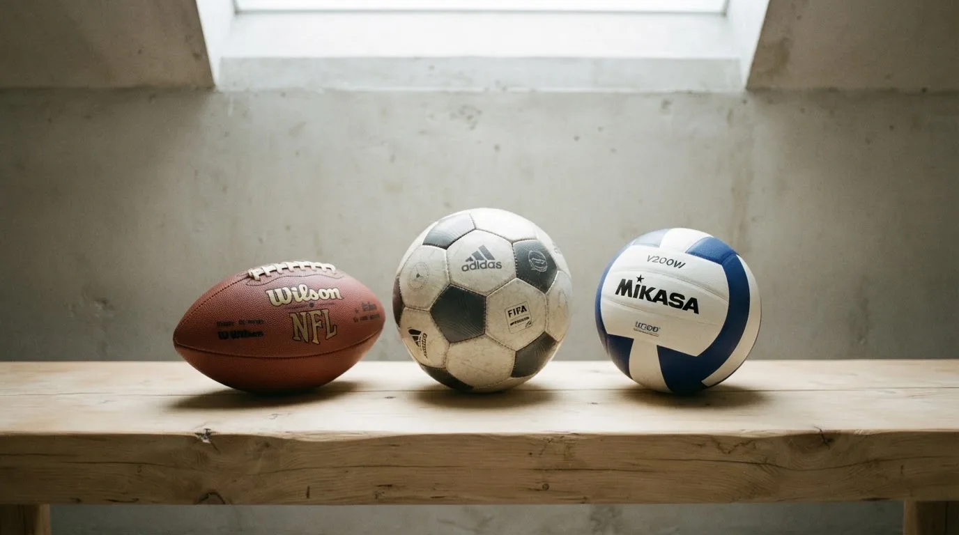 Tres balones de distintos tipos, uno junto a otro, sobre un banco de madera