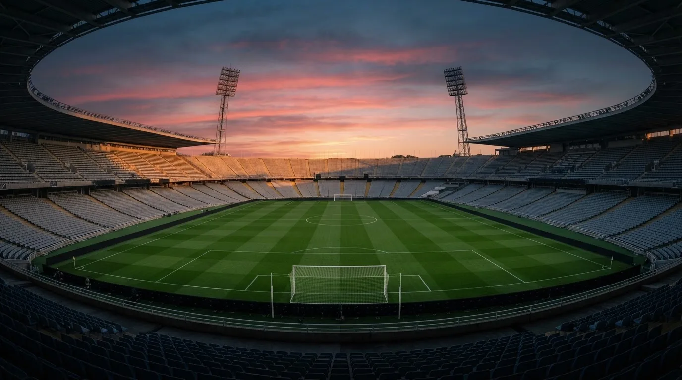 Un estadio de fútbol vacío con torres de iluminación al atardecer