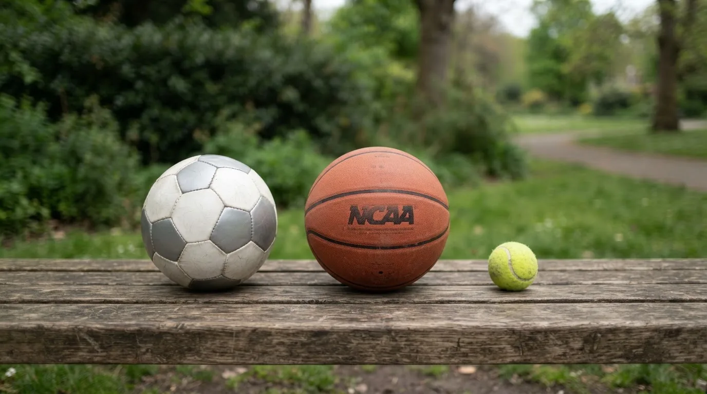 Tres balones de distintos tipos, uno junto a otro, sobre un banco de madera