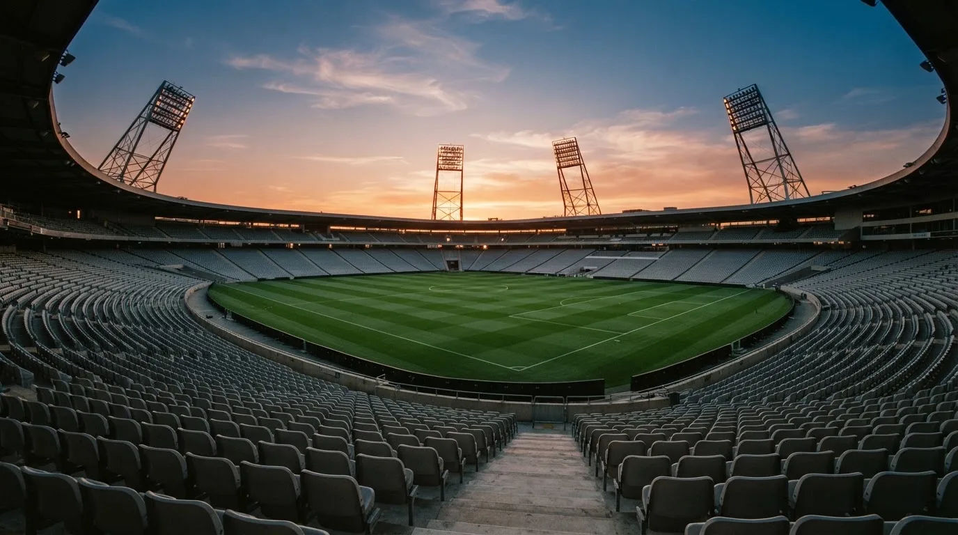 Un estadio de fútbol vacío con torres de iluminación al atardecer