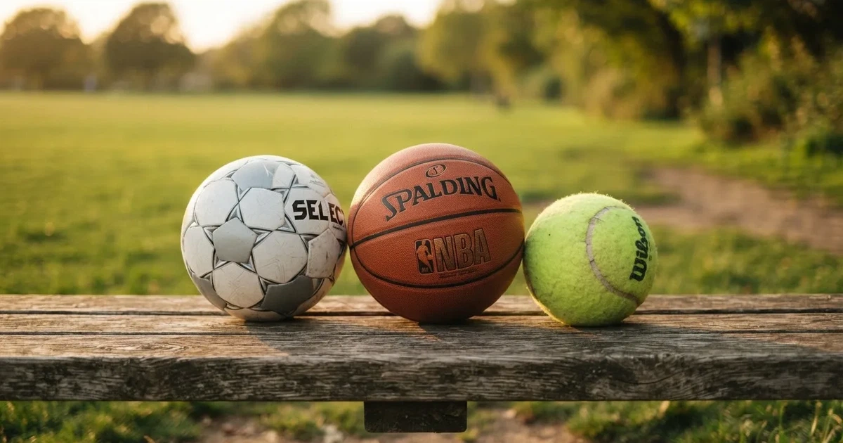Tres balones de distintos tipos, uno junto a otro, sobre un banco de madera