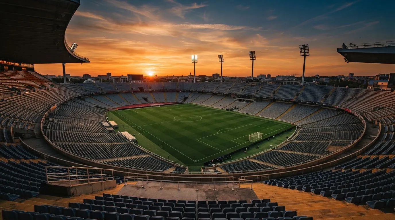 Un estadio de fútbol vacío con torres de iluminación al atardecer