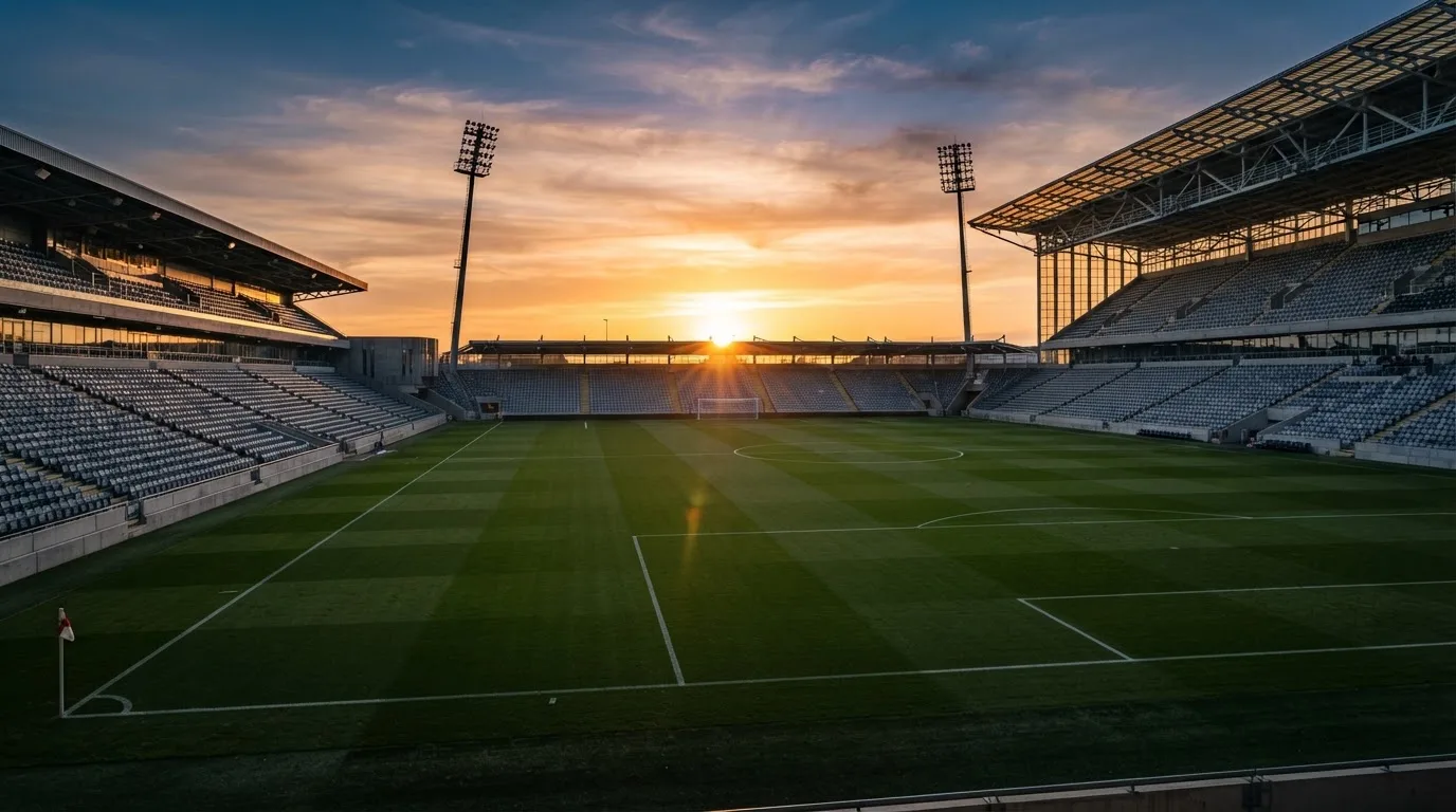 Un estadio de fútbol vacío con torres de iluminación al atardecer