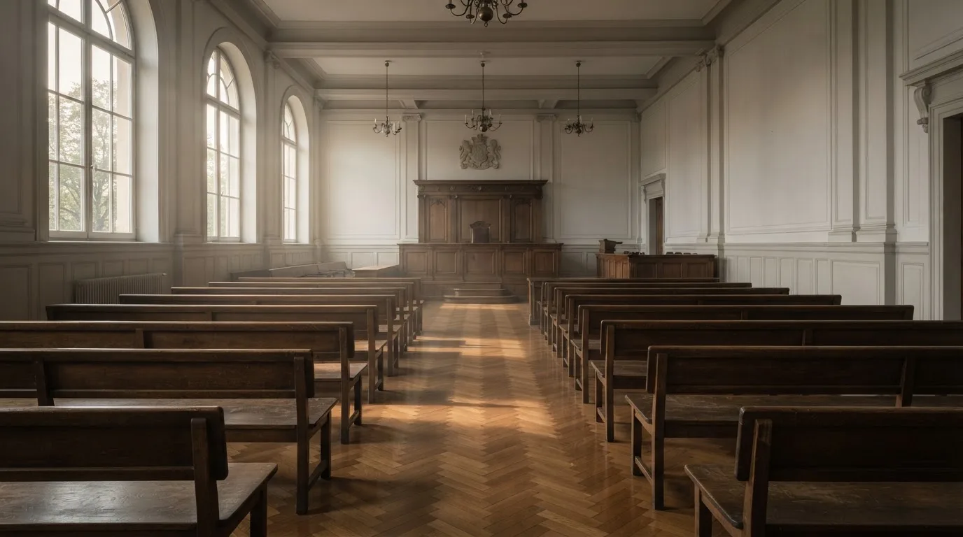 Una sala de tribunal vacía con bancos de madera a la luz de la mañana