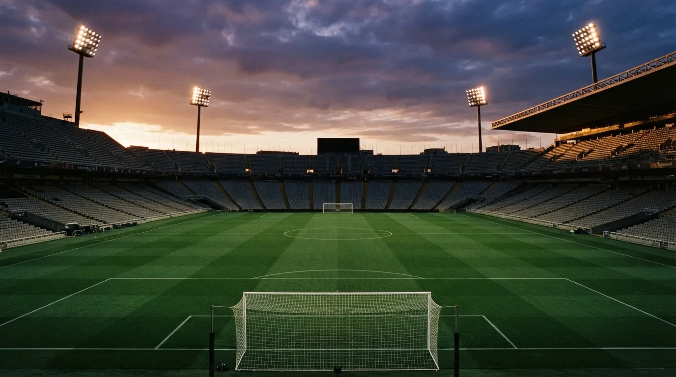 Un estadio de fútbol vacío con torres de iluminación al atardecer