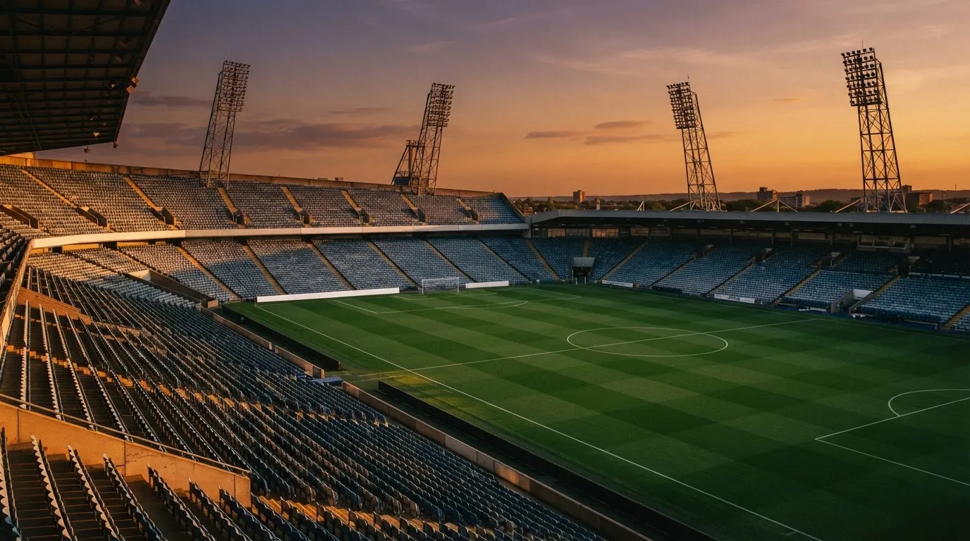 Un estadio de fútbol vacío con torres de iluminación al atardecer