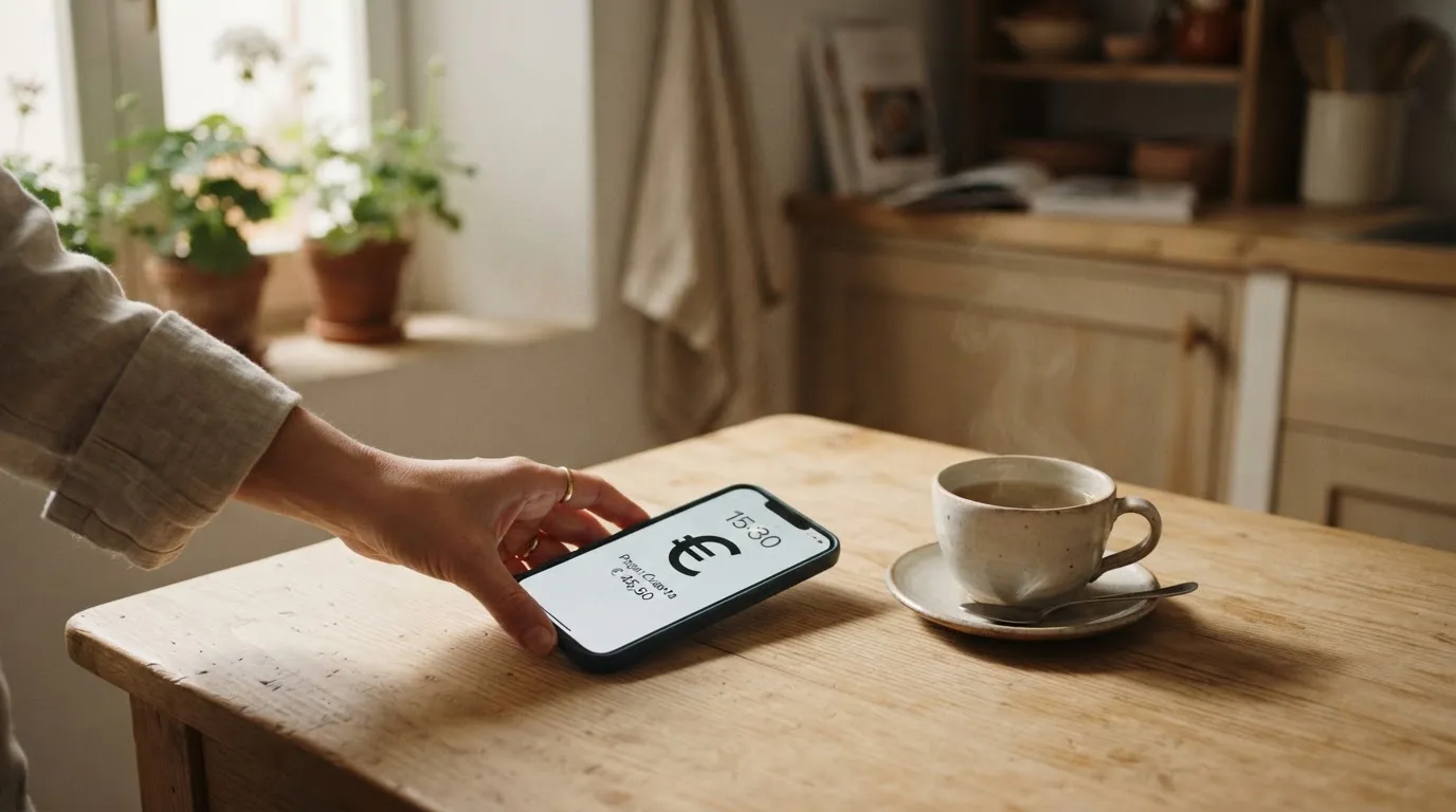 Una mano deja un móvil junto a una taza de té sobre la mesa de la cocina, una tarde tranquila