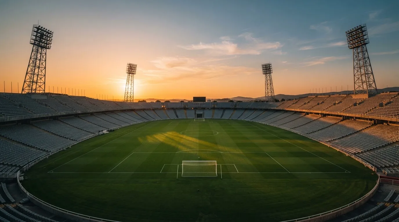 Un estadio de fútbol vacío con torres de iluminación al atardecer