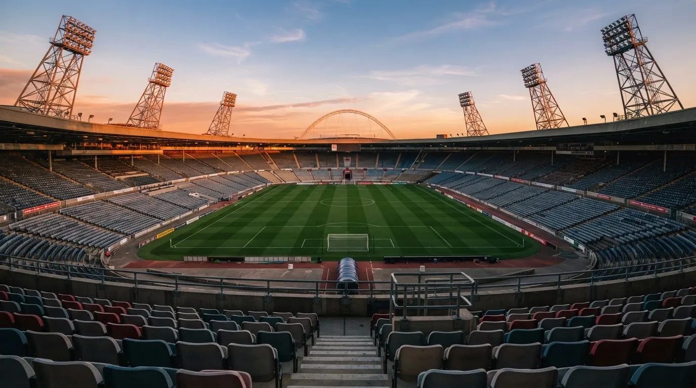 Un estadio de fútbol vacío con torres de iluminación al atardecer