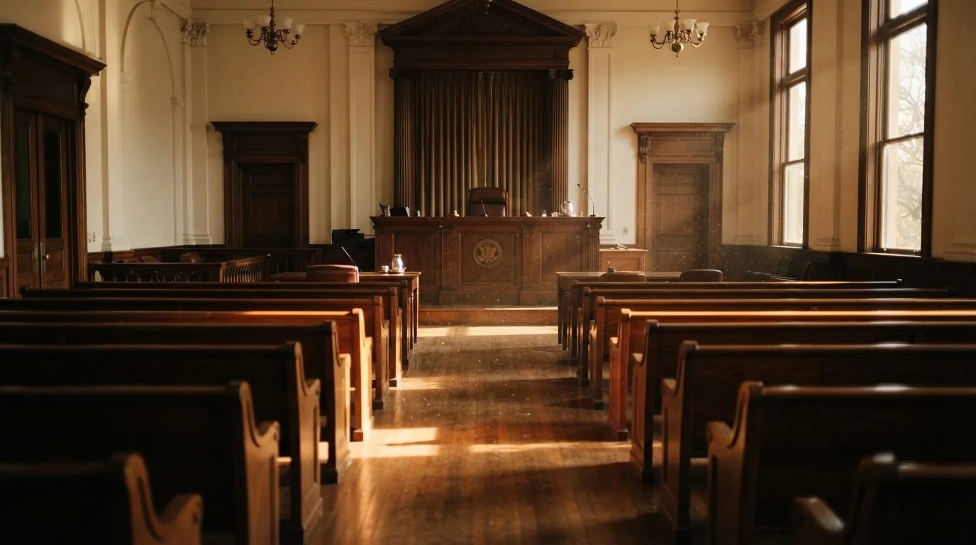 Una sala de tribunal vacía con bancos de madera a la luz de la mañana
