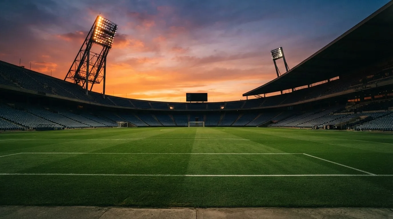 Un estadio de fútbol vacío con torres de iluminación al atardecer