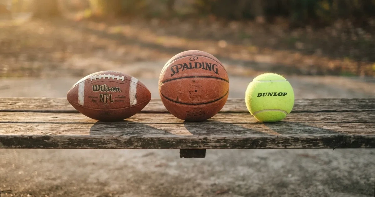 Tres balones de distintos tipos, uno junto a otro, sobre un banco de madera