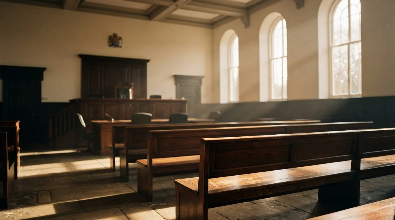 Una sala de tribunal vacía con bancos de madera a la luz de la mañana