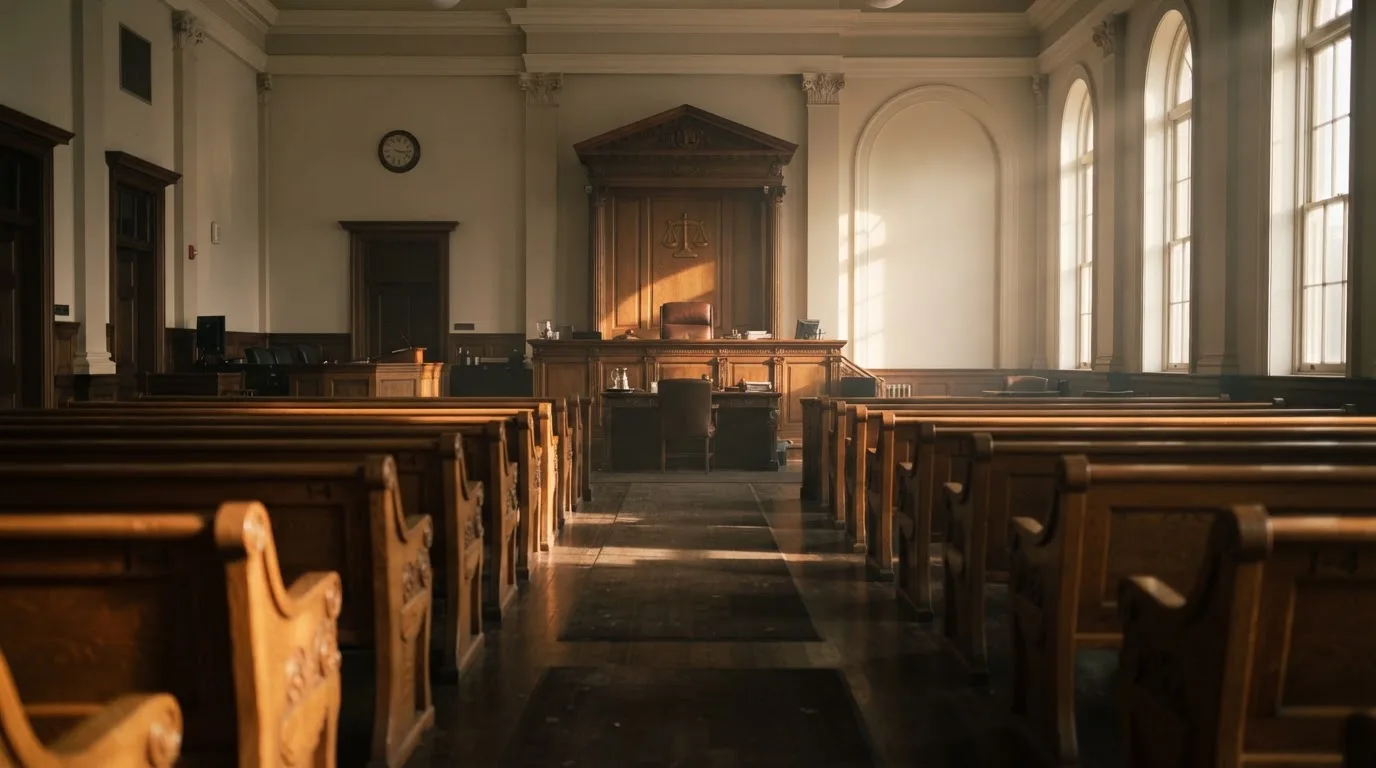 Una sala de tribunal vacía con bancos de madera a la luz de la mañana