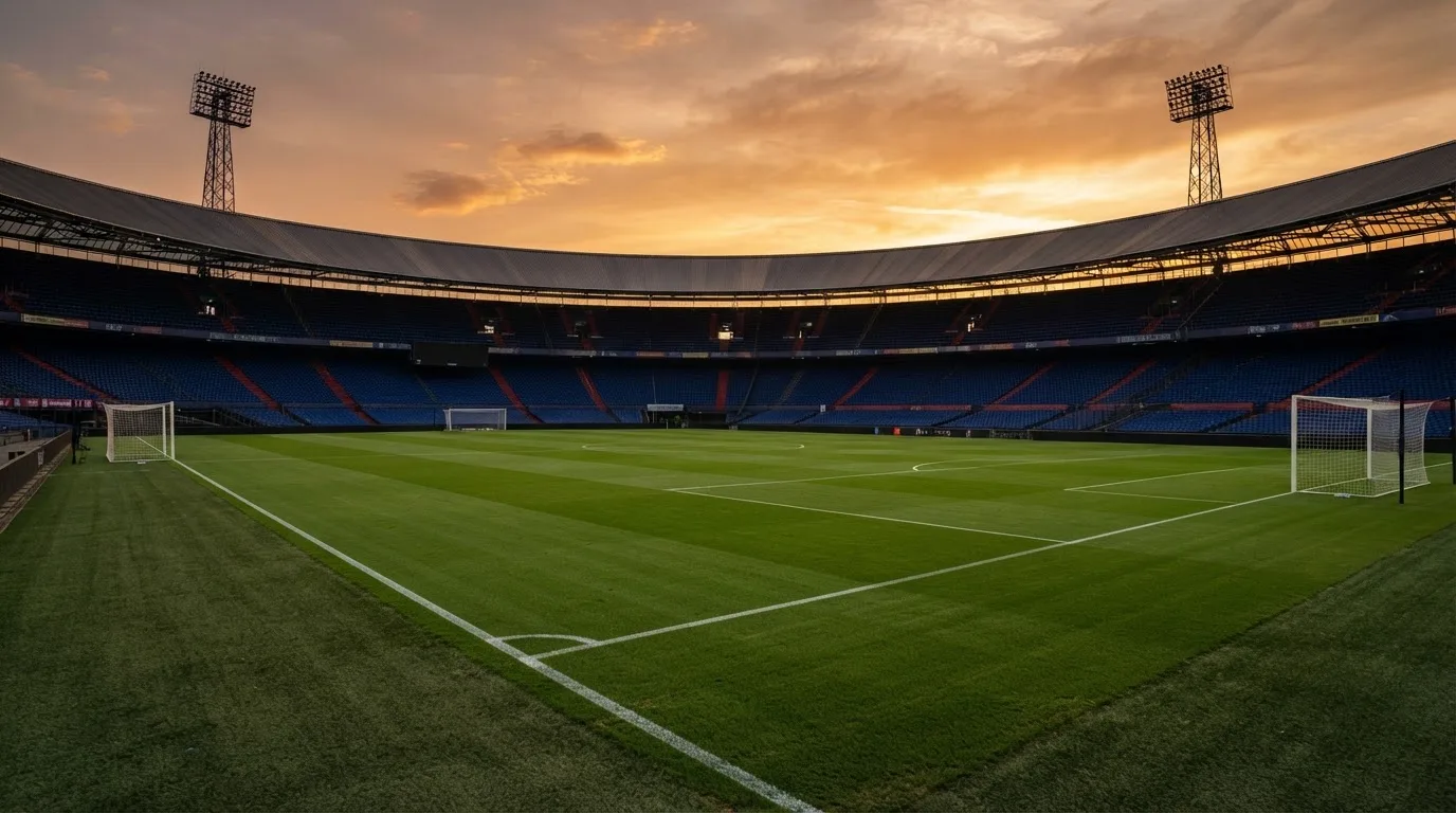 Un estadio de fútbol vacío con torres de iluminación al atardecer