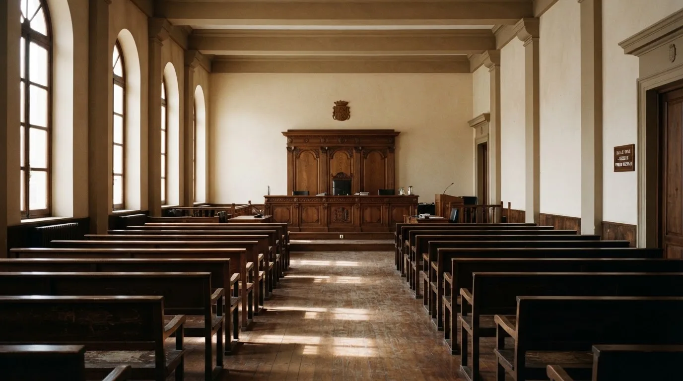 Una sala de tribunal vacía con bancos de madera a la luz de la mañana