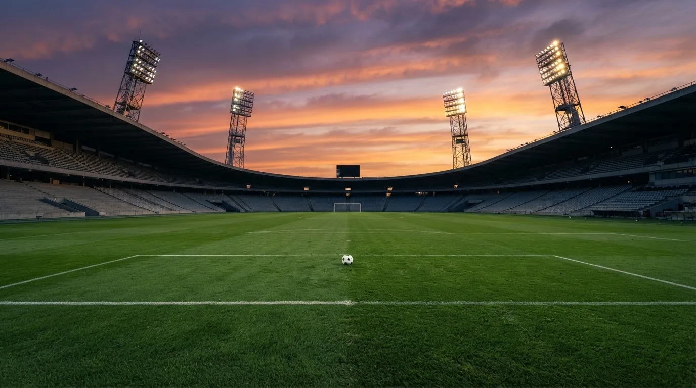 Un estadio de fútbol vacío con torres de iluminación al atardecer