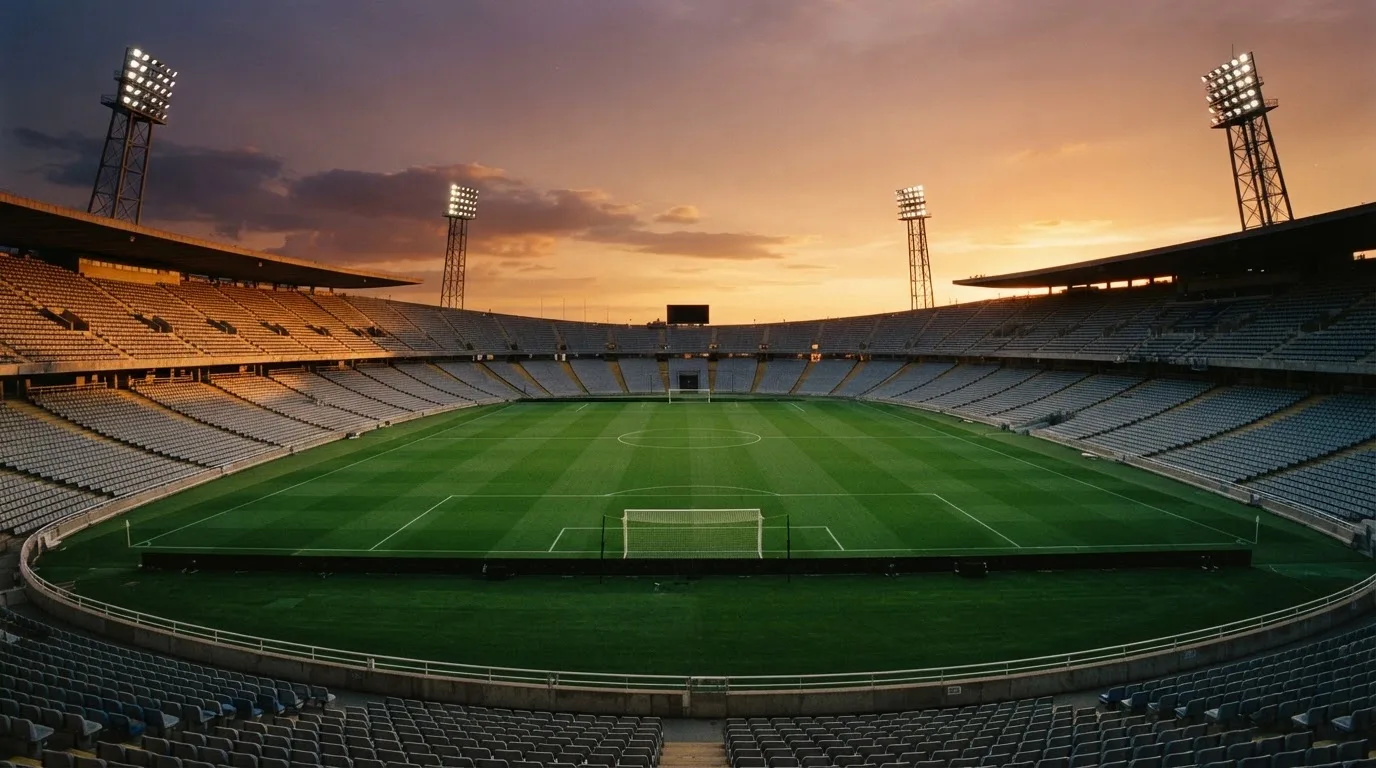 Un estadio de fútbol vacío con torres de iluminación al atardecer