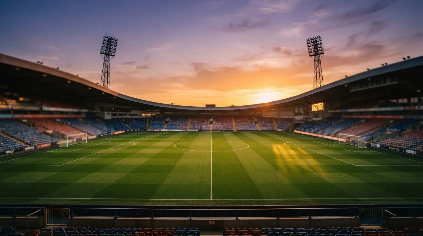 Un estadio de fútbol vacío con torres de iluminación al atardecer