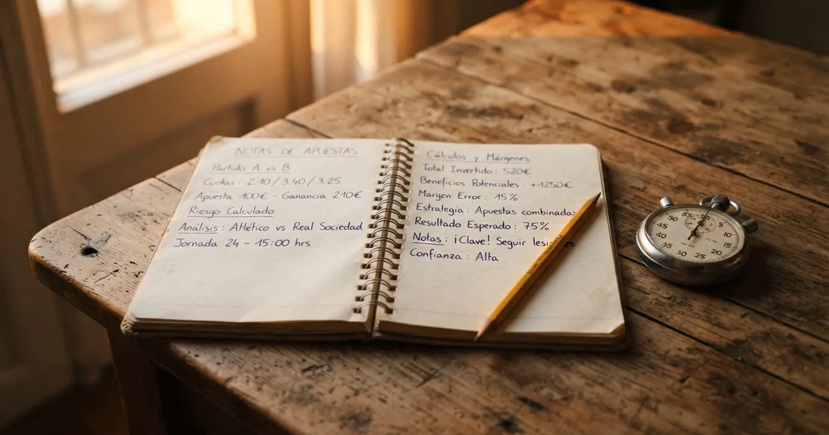 Un cuaderno abierto con un lápiz y un cronómetro sobre una mesa de madera