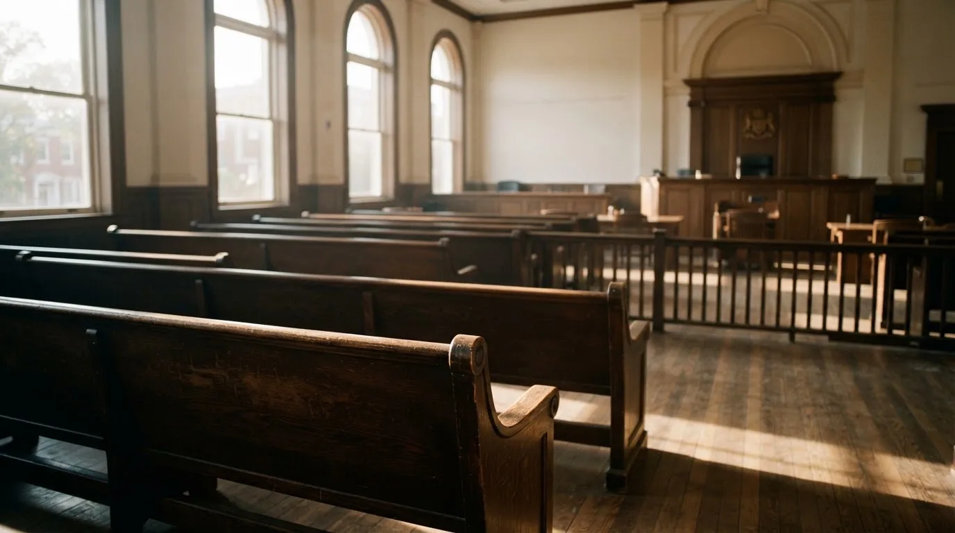 Una sala de tribunal vacía con bancos de madera a la luz de la mañana