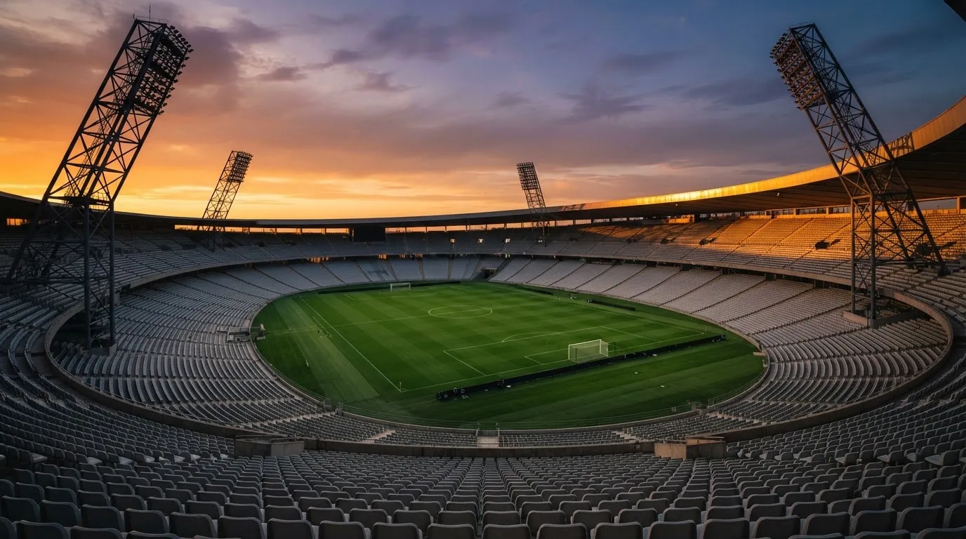 Un estadio de fútbol vacío con torres de iluminación al atardecer