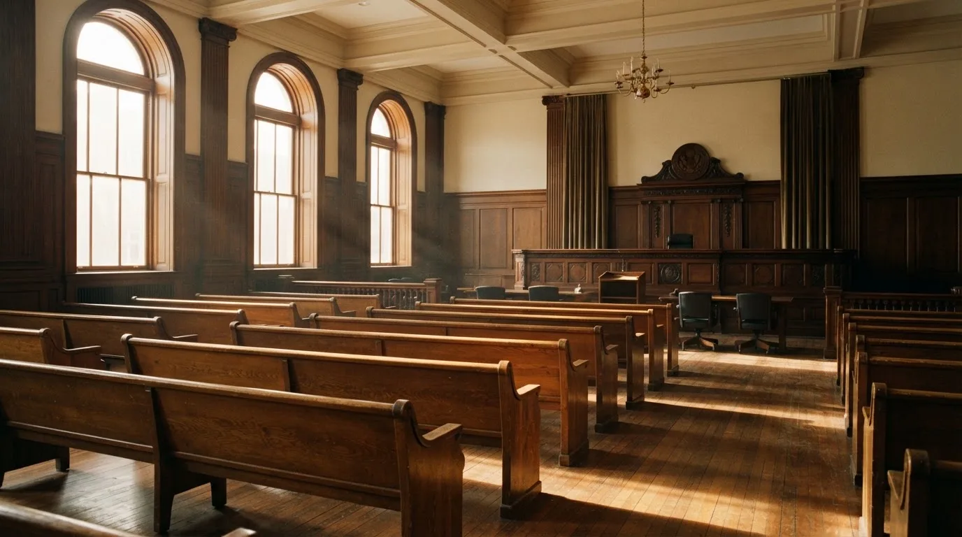 Una sala de tribunal vacía con bancos de madera a la luz de la mañana