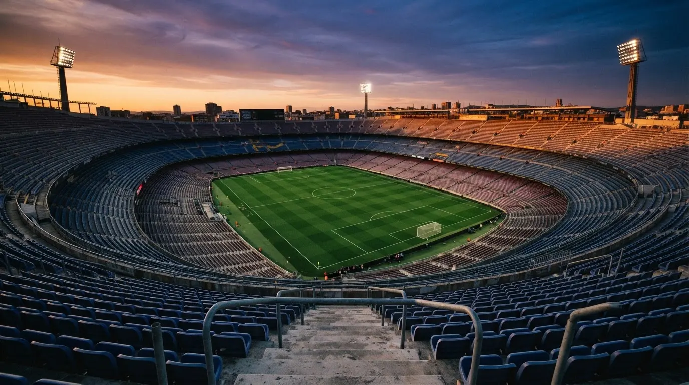 Un estadio de fútbol vacío con torres de iluminación al atardecer