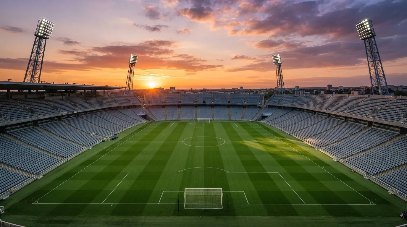 Un estadio de fútbol vacío con torres de iluminación al atardecer