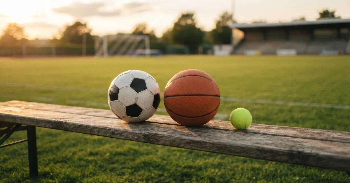 Tres balones de distintos tipos, uno junto a otro, sobre un banco de madera