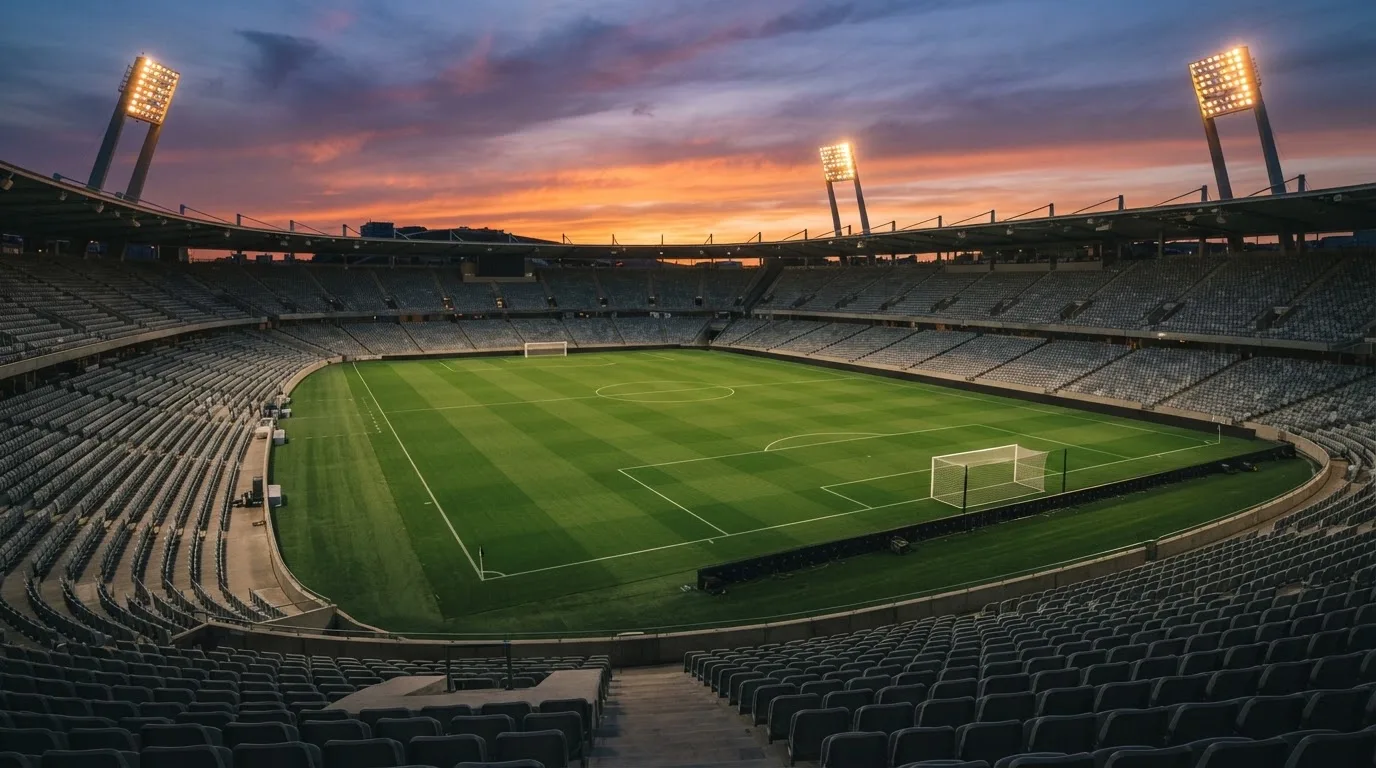 Un estadio de fútbol vacío con torres de iluminación al atardecer