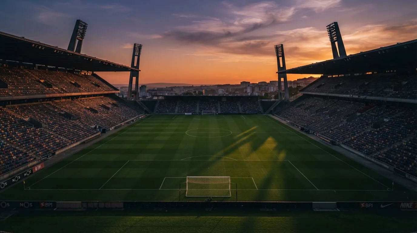 Un estadio de fútbol vacío con torres de iluminación al atardecer