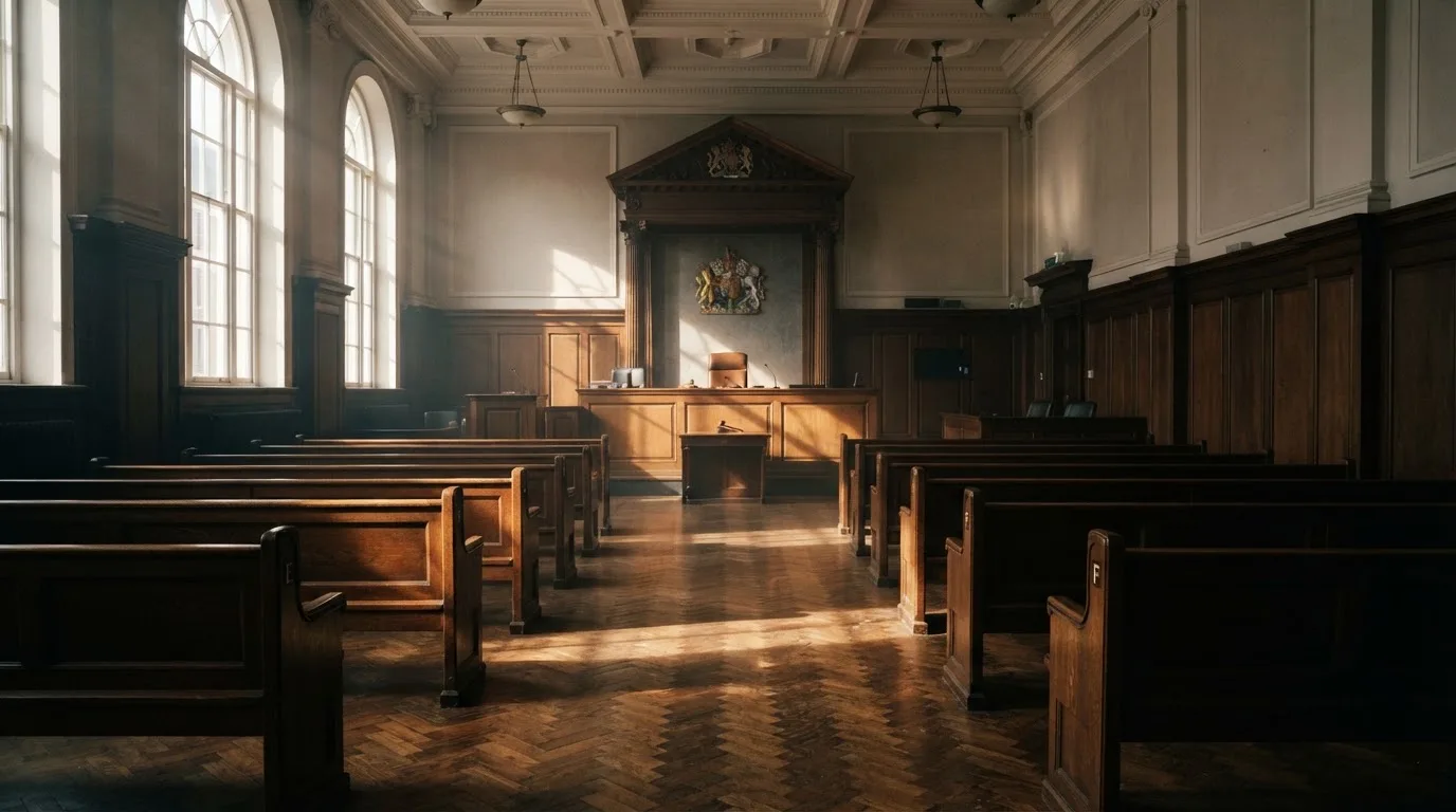 Una sala de tribunal vacía con bancos de madera a la luz de la mañana