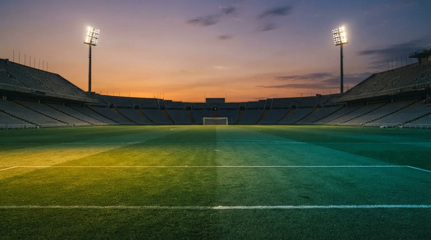 Un estadio de fútbol vacío con torres de iluminación al atardecer