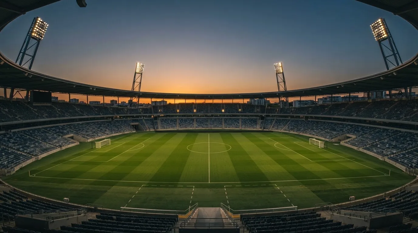 Un estadio de fútbol vacío con torres de iluminación al atardecer