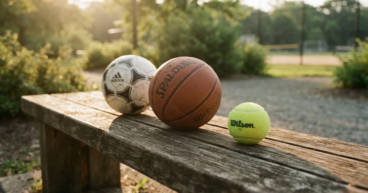 Tres balones de distintos tipos, uno junto a otro, sobre un banco de madera