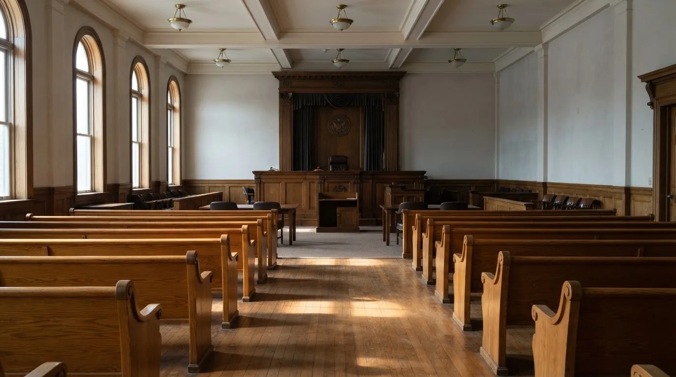 Una sala de tribunal vacía con bancos de madera a la luz de la mañana