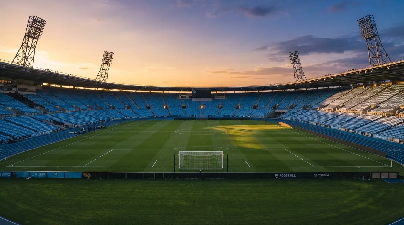 Un estadio de fútbol vacío con torres de iluminación al atardecer