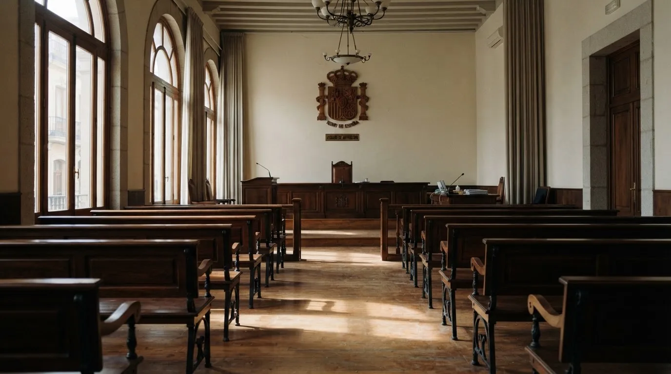 Una sala de tribunal vacía con bancos de madera a la luz de la mañana