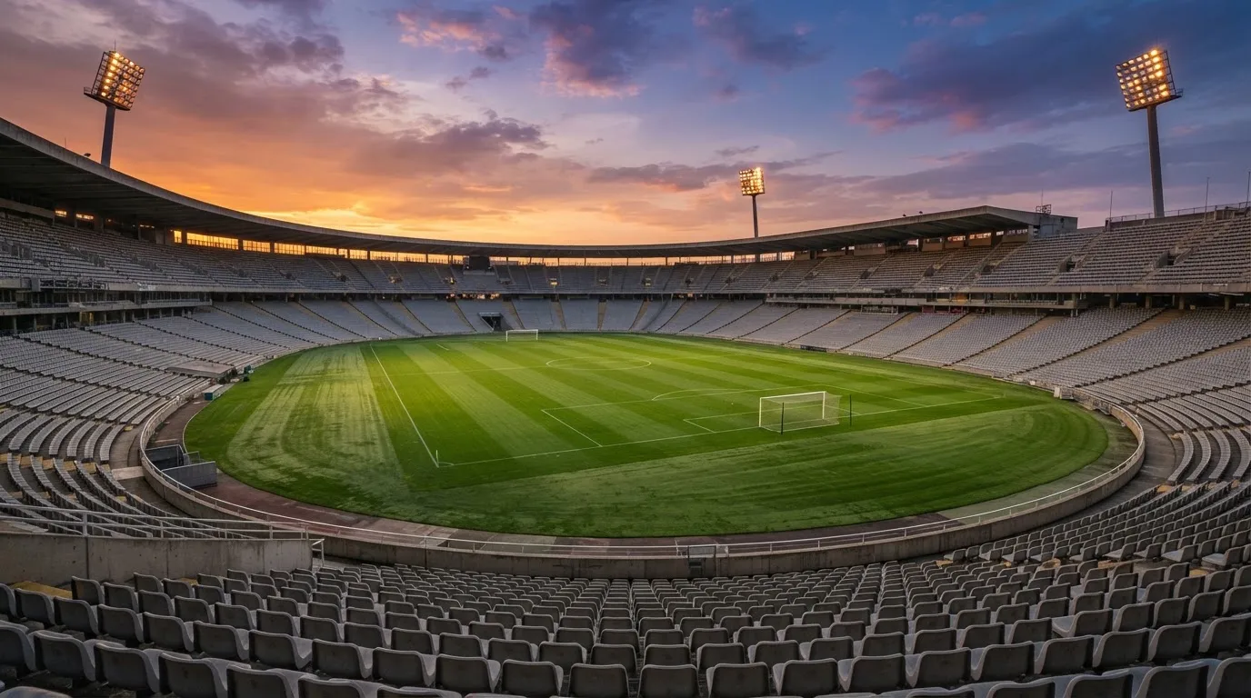 Un estadio de fútbol vacío con torres de iluminación al atardecer