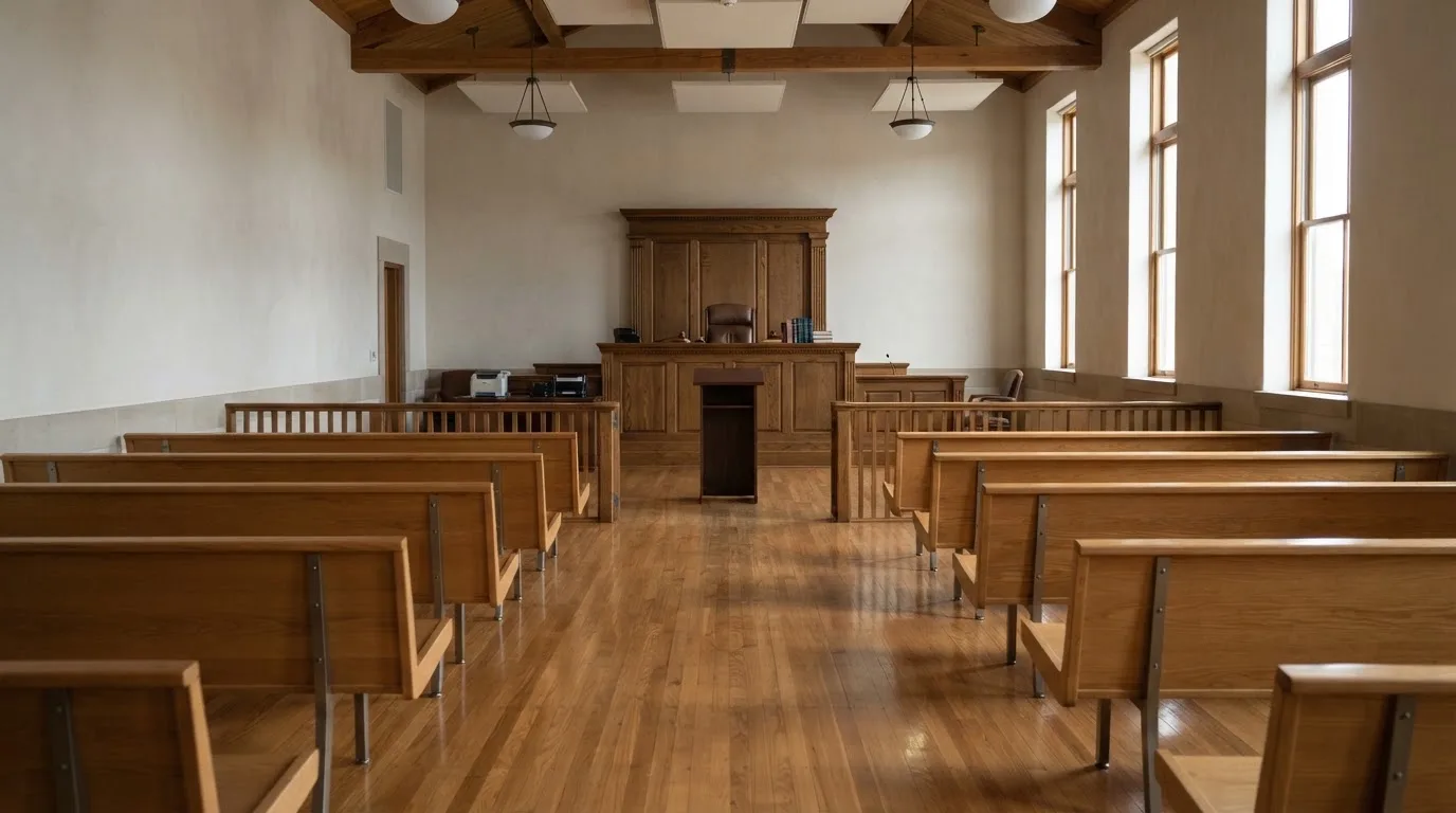 Una sala de tribunal vacía con bancos de madera a la luz de la mañana