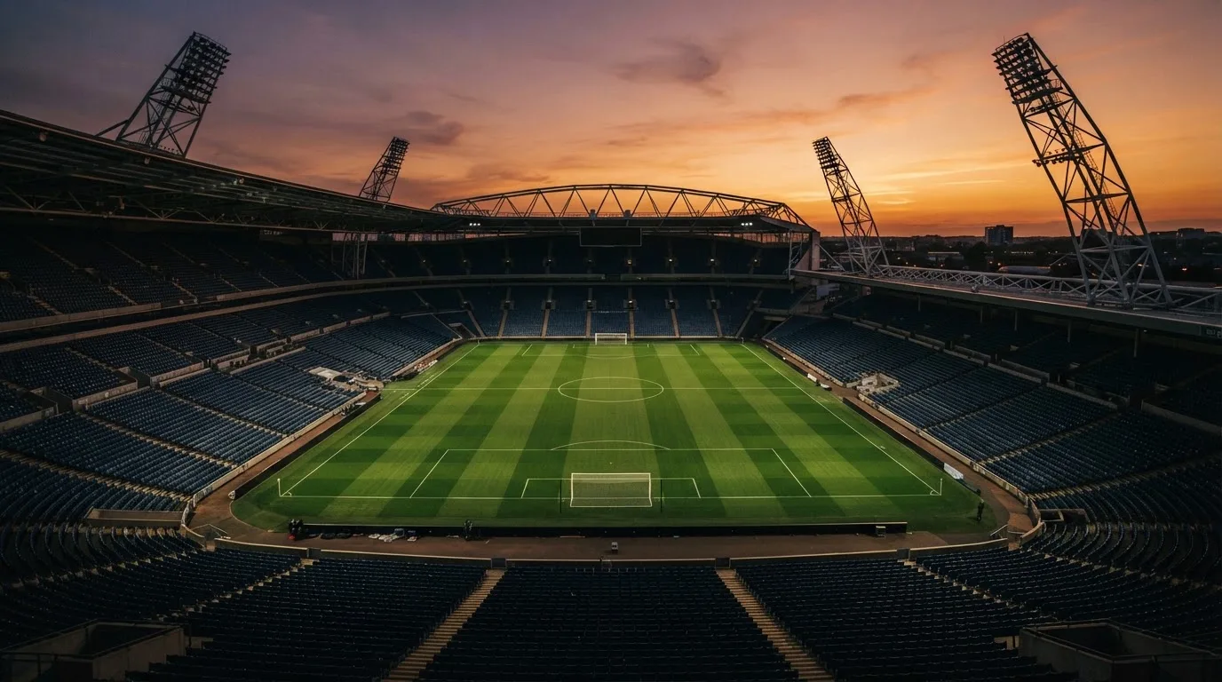 Un estadio de fútbol vacío con torres de iluminación al atardecer