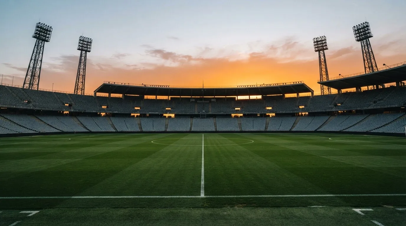 Un estadio de fútbol vacío con torres de iluminación al atardecer