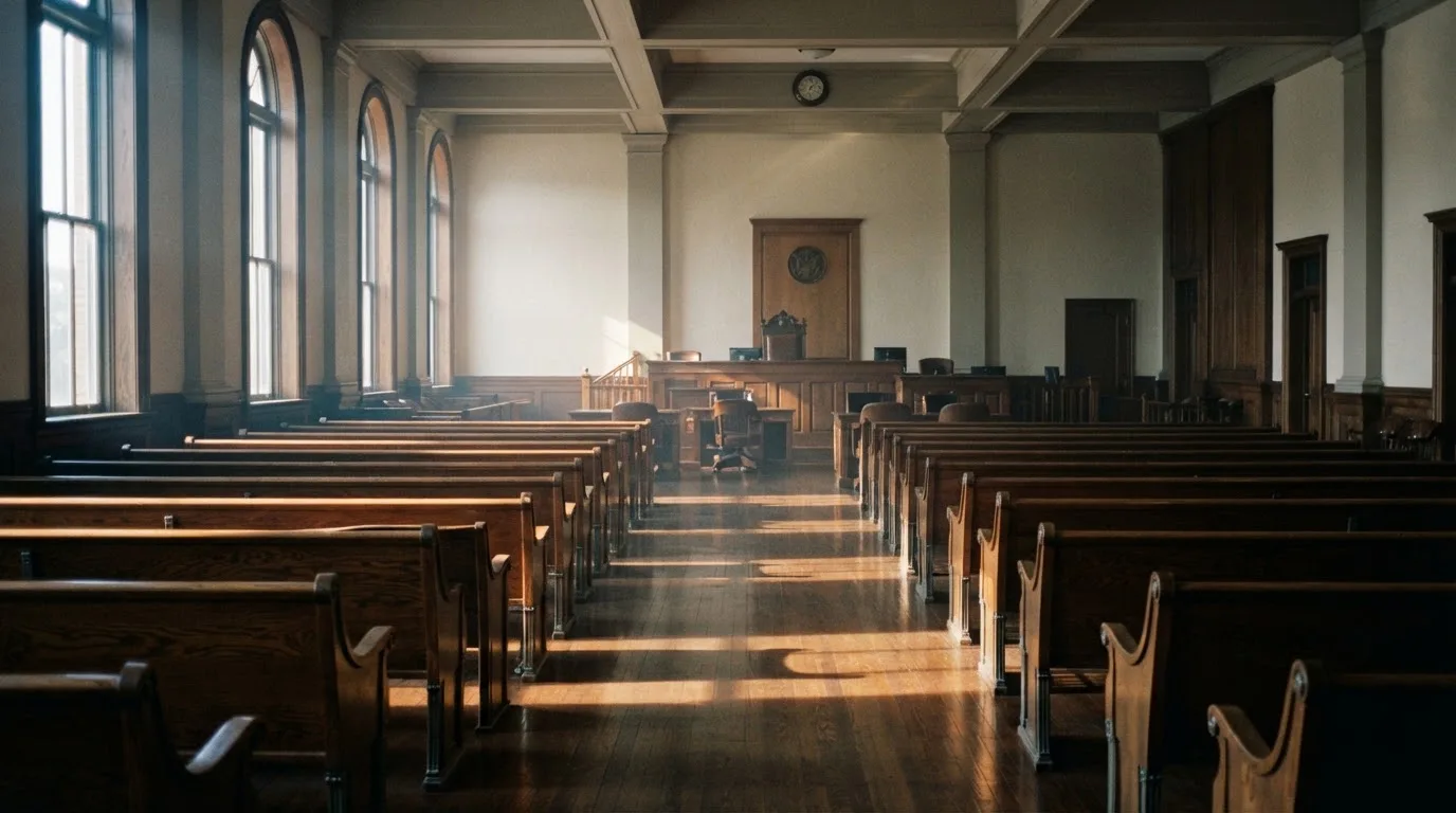 Una sala de tribunal vacía con bancos de madera a la luz de la mañana