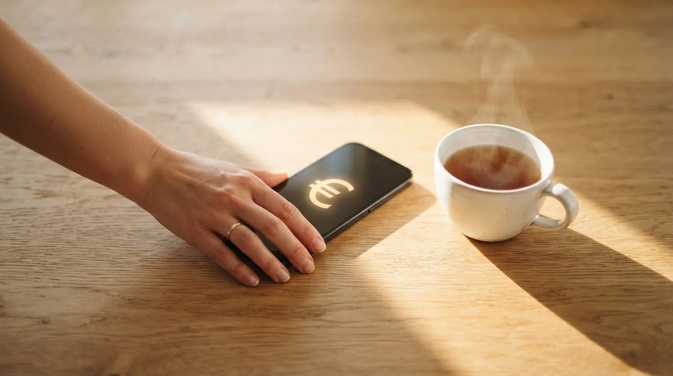 Una mano deja un móvil junto a una taza de té sobre la mesa de la cocina, una tarde tranquila