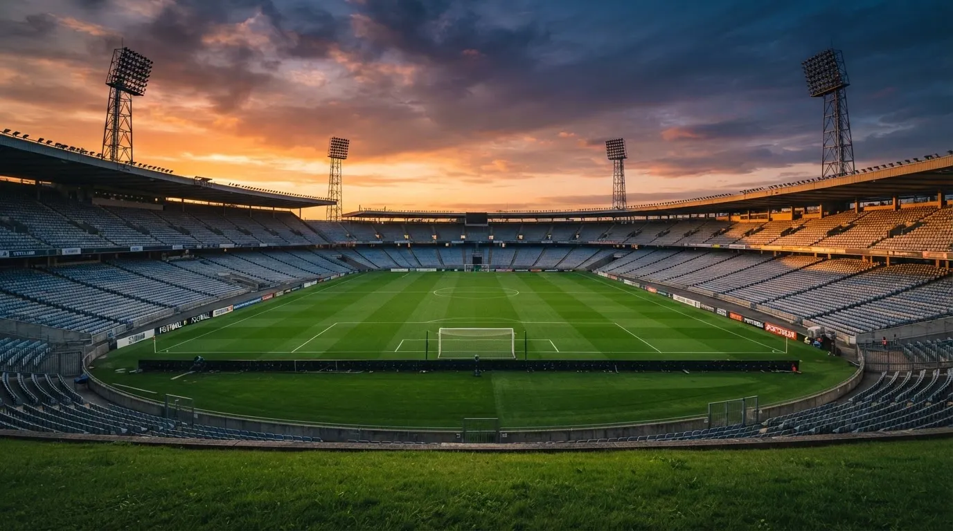 Un estadio de fútbol vacío con torres de iluminación al atardecer